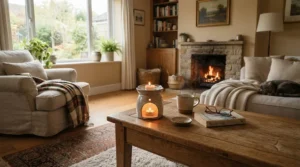 A cosy British living room styled with a glowing wax warmer diffusing fresh linen wax melts