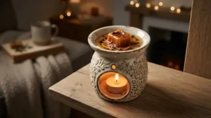 Long-lasting floral wax melts for bedroom melting slowly in a ceramic dish with gentle glow