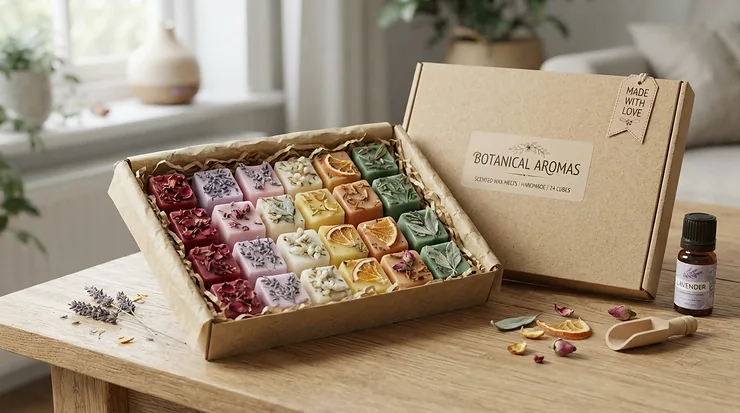 Gift box containing artisan rose wax melts and jasmine wax melts ready for home fragrance use in the UK, rose wax melts vs jasmine wax melts