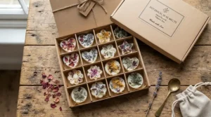 Luxury floral wax melts for bedroom presented in an elegant gift box with botanical illustrations
