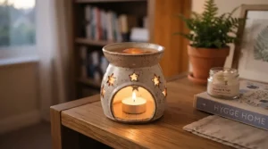 Natural floral wax melt gift set glowing gently in a ceramic warmer on a coffee table
