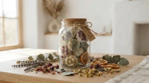 Handmade floral wax melts for bedroom displayed in a glass jar with dried lavender and rose petals