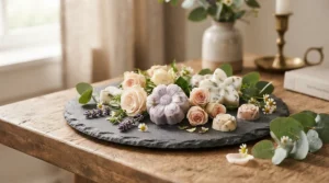 Premium floral wax melts for bedroom arranged artistically on a slate tray with fresh botanicals