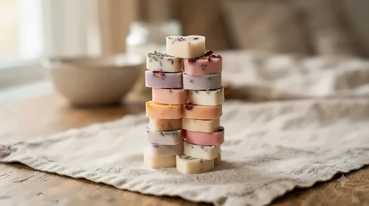 Heart-shaped purple lavender wax melts stacked neatly beside fresh flower sprigs