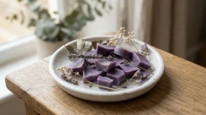 Handmade purple lavender wax melts arranged on a ceramic tray next to dried flower sprigs