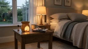 Calming bedside table display featuring a melting block of lavender scented wax