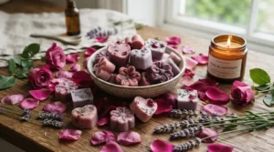 Rose and lavender floral wax melt gift set arranged with fresh flower petals