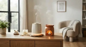 Rose wax melts and jasmine wax melts burning in ceramic burners on a wooden coffee table in a cosy British living room