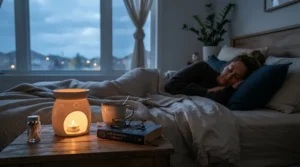 Relaxing bedroom atmosphere showing sandalwood wax melts vs cedarwood wax melts in use