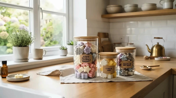 A modern kitchen setting featuring sandalwood wax melts vs cedarwood wax melts ready for melting
