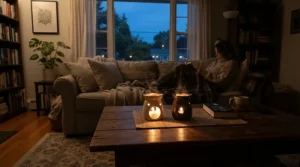 A cosy living room comparing sandalwood wax melts vs cedarwood wax melts for a warm ambience