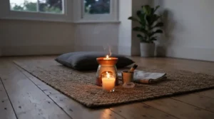A peaceful meditation corner with sandalwood wax melts vs cedarwood wax melts creating calm