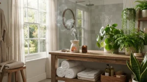 Spa-inspired sandalwood wax melts vs cedarwood wax melts displayed neatly on a bathroom shelf