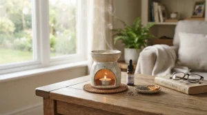 Steam and fragrance rising from a melting block of rose wax alongside a bowl of jasmine wax melts