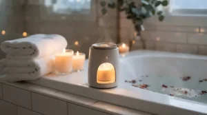 Warm woody fragrance wax melting in a modern bathroom to create a relaxing home spa atmosphere