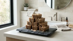 Handmade woody wax melts for men stacked neatly on a tiled bathroom shelf beside a folded towel.