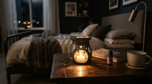 A small melt warmer containing woody wax melts for men placed on a wooden bedside cabinet.