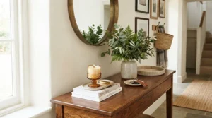 A stylish burner with woody wax melts for men welcoming guests on a hallway console table.