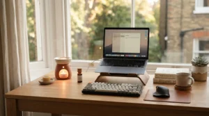 A sleek electric burner using woody wax melts for men on a home office desk next to a laptop.