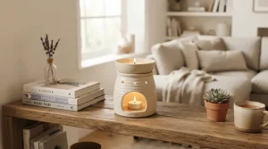 Decorative jar of woody wax melts for men displayed on a modern living room mantelpiece next to books.