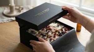 Hands unboxing a set of artisanal woody wax melts for men packaged in a recycled cardboard box.