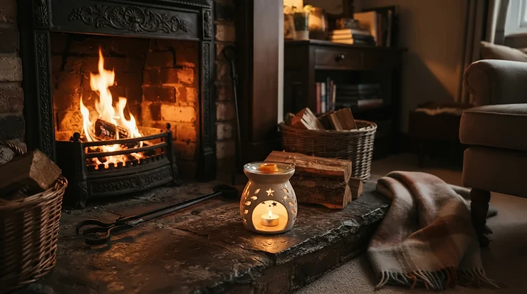 A melt warmer using woody wax melts for men positioned near a brick fireplace during winter.