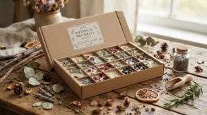 Handcrafted woody wax melts presented in an eco-friendly gift box with dried botanicals
