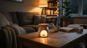 Warm glow from a ceramic burner diffusing woody wax melts in a cosy British living room during an autumn evening