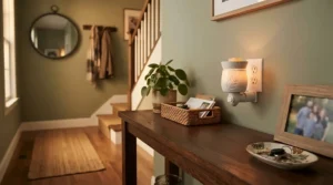 Electric warmer melting richly scented woody wax melts on a sideboard in a hallway