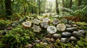 Natural forest notes captured in affordable woody wax melts under £10 placed among green moss.