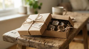 A budget-friendly gift set of woody wax melts under £10 wrapped in brown paper with twine.