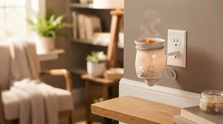 An oakmoss and amber variety pack of woody wax melts under £10 beside an electric wax warmer.