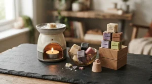 Cheap woody scented wax melts featuring sandalwood, displayed as a multipack costing under £10 on a rustic shelf.