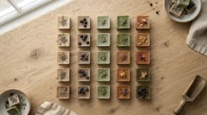 A generous multipack pricing display of woody wax melts under £10 on a minimalist oak coffee table.