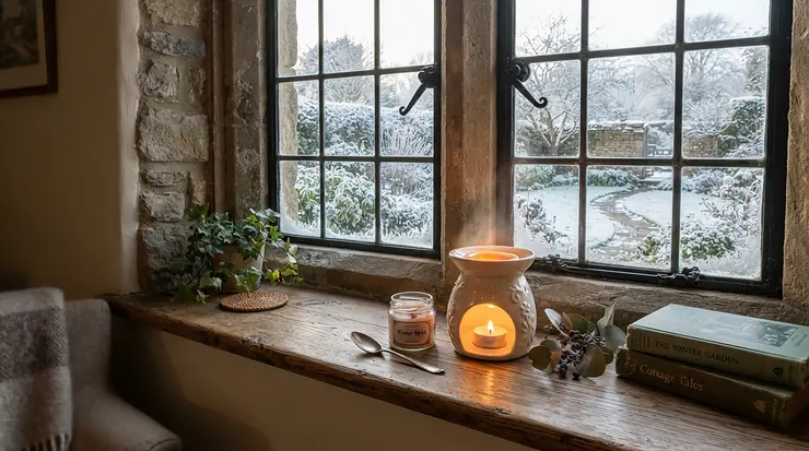 Winter afternoon light catching a ceramic burner filled with natural woody wax melts on a cottage window sill