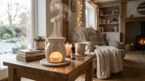 Christmas wax melts melting in a white ceramic burner on a cosy living room table
