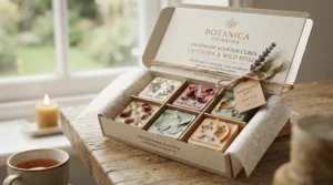 Christmas wax melts displayed inside an open festive gift box with ribbon
