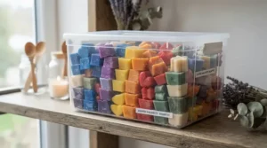 Christmas wax melts stored inside a clear glass jar with a wooden lid