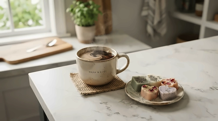 Christmas wax melts placed on a clean kitchen counter next to a steaming mug
