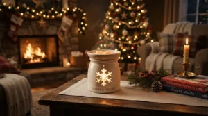 Christmas wax melts glowing gently on a coffee table in a festive British living room