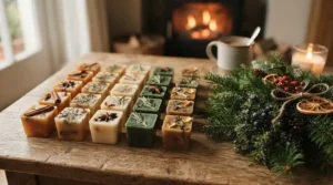Christmas wax melts sitting beside fresh pine boughs on a wooden mantelpiece
