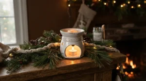 A glowing ceramic burner melting scented Christmas wax melts under £10 in a cosy living room
