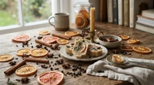 Spice-infused Christmas wax melts under £10 displayed alongside fresh cinnamon sticks and dried orange slices