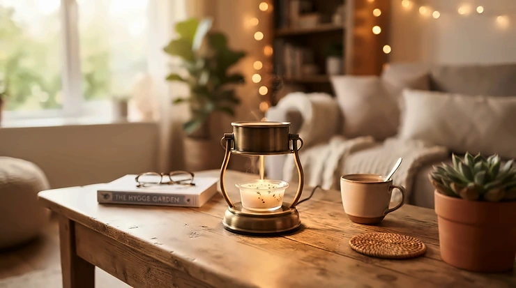 Warm ambient lighting reflecting off Christmas wax melts under £10 melting in a modern living space