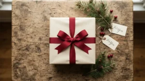A festive presentation box tied with a red ribbon displaying Christmas wax melts under £10 on a wooden table
