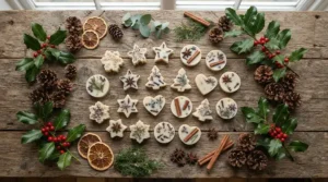 Handmade Christmas wax melts under £10 styled with pine cones and holly leaves in a flat lay composition
