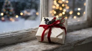 Winter-themed packaging of Christmas wax melts under £10 placed on a frosty window sill with fairy lights