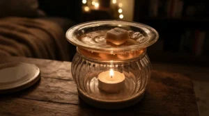 Christmas wax melts filling a home with fragrance during a dark winter evening